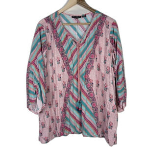 Tolani Collection Pink Blue Modal Floral Mixed Print Tunic Size 1X Boho Artsy